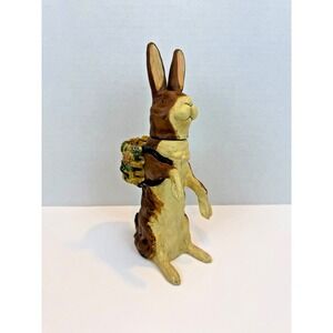 10 Inch Made to Look‎ Vintage Resin Easter Bunny Rabbit w/ Egg Basket & Flowers